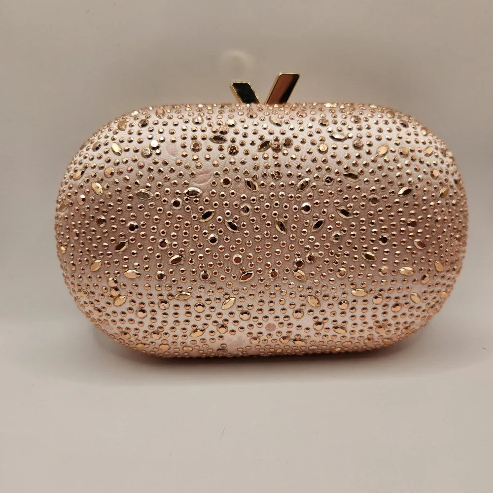 Olga Berg Faye Oval Hard Case Clutch  Rose Gold Tone Hotfix Rhinestone Bag A